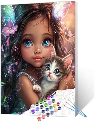 DIY Paint by Numbers for Adults Little Fairy Girl Painting Acrylic Paint Oil Painting African American Girl Hold The Cat Painting Kits Black History Canvas Art Bedroom Decor 16x20 Inch（Without Frame by TUMOVO
