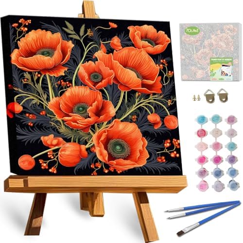 TOCARE Framed Paint by Numbers Kit for Adults Beginners, 12x12inch Red Poppy Paint by Number with Frame,Easy Flowers Paint by Numbers Framed Canvas (Without Easel) by TOCAREDirect