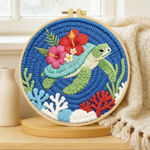BEUNITONE 2PCS Punch Needle Kits with Sea Turtle Pre-Print Pattern Easy for Beginners, DIY Craft Embroidery Needlepoint Kits for Adults with Hoop Punch Needle Set for Craft Lovers Home Decor 7.9x7.9 - Image 4