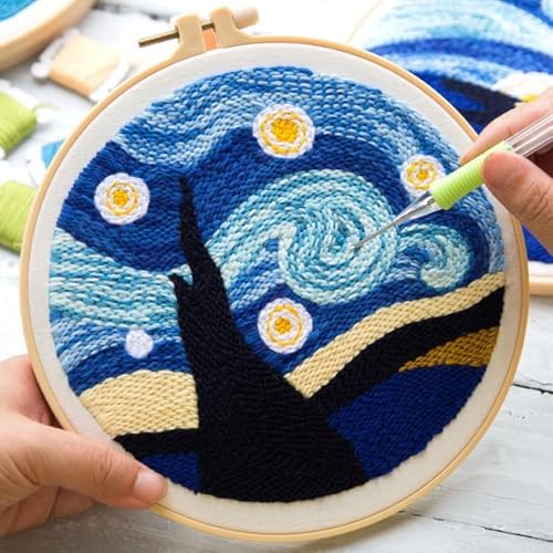 RUIQLXHANG Punch Needle Kits for Beginners, Cute Cartoon Highland Cow with Daisy Flower, Punch Needle Starter Craft Set with 20cm Hoop, Perfect for Festival Gift and Decoration (Starry Sky) - Image 5