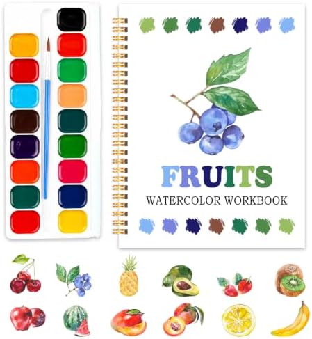 Easy Fruit-Themed Watercolor Workbook for Beginners, Water Coloring Book, 12 Different Patterns of DIY Designs, 18 Colors Watercolor Paint Set, Stress Relieving Relaxing Art Gift for Adulta Teen by SHLINCO