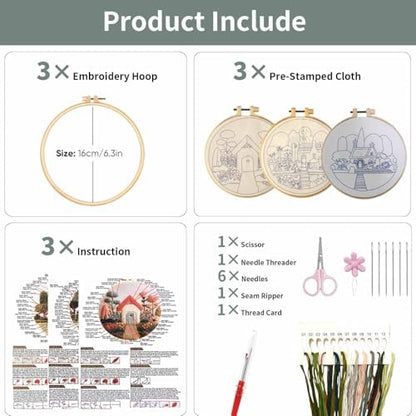 3 Packs Embroidery Kit for Adults, Embroidery for Beginners (Cottage) - Image 3