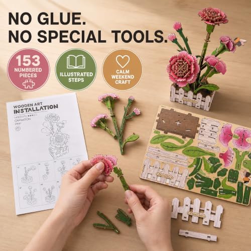 Evankin 3D Wooden Carnation Puzzle Kit, DIY Bouquet Model - Image 3