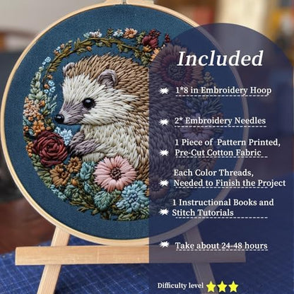 FONNUY Embroidery Kit for Beginners, Cute Hedgehog Stamped Embroidery Patterns Kits for Adults with Hoop, Easy to Follow Sewing Thread Needlework, 8'' Hoop (Resilient) - Image 2