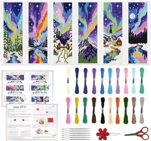 ACRNIGHEET 6PCS Cross Stitch Bookmark Kits for Beginners Colorful Aurora by ACRNIGHEET