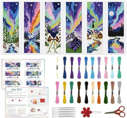 ACRNIGHEET 6PCS Cross Stitch Bookmark Kits for Beginners Colorful Aurora by ACRNIGHEET