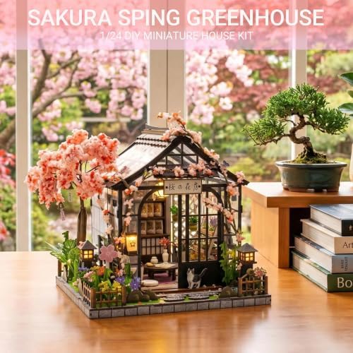 DIY Miniature House Kit, Fairy Dollhouse for Adults to Build, Mini Home Building Kit with Wooden Furniture & LED Lights,Garden Detials, Gift for Family and Friends (Spring Sakura Greenhouse) - Image 7