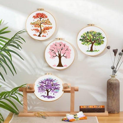 Sivilife Embroidery Starter Kit for Beginners, 4 Sets Stamped Cross Stitch Kits for Adult, Seasonal Tree Pattern Hand DIY Kits with 2 Embroidery Hoop Instructions Color Threads Needles and Scissor - Image 6