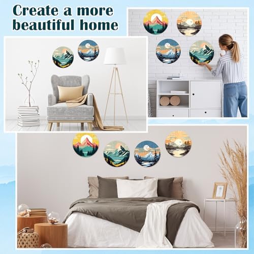 Faccito 4 Pack Wooden Landscape Paint by Numbers Kit for Adults Beginners 8 Inch Unfinished Round Wood Board Acrylic Paint Nylon Brush Hook Distant Mountains Sunset Lake DIY Crafts for Home Wall Decor - Image 6
