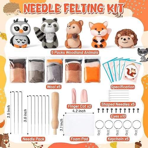 WATINC Needle Felting Kit - 5 Set Unique Different Cute Doll Wool Felt Needle Tools Foam Pad Instruction, DIY Home Decoration Craft Party Supplies for Art Work Starter Beginners (Woodland Animal) - Image 2