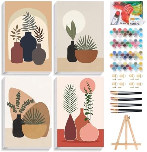 4 Pack Framed Paint by Numbers Kit for Adults Plant with Wooden Easel by Fountor