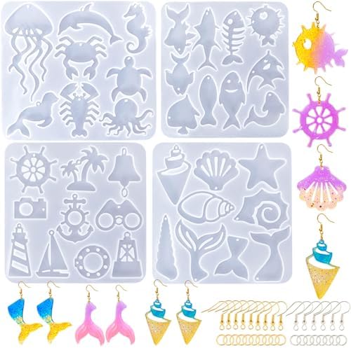 JHYlilia 204Pcs Resin Earring Molds Ocean Marine Life Jewelry UV Resin Jellyfish Shell Starfish Earrings Keychain Necklaces Pendant Silicone Molds DIY Art Craft Jewelry Making Supplies by JHYlilia