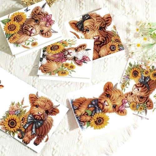 Tontut 6pcs 5D Diamond Art Painting Greeting Card Kit, Sunflower Yellow Cow Adult DIY with Envelope, Special Shape Diamond Design Greeting Card Creative Gift - Image 5