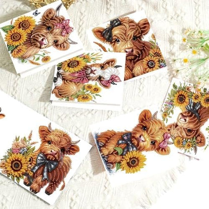 Tontut 6pcs 5D Diamond Art Painting Greeting Card Kit, Sunflower Yellow Cow Adult DIY with Envelope, Special Shape Diamond Design Greeting Card Creative Gift - Image 5