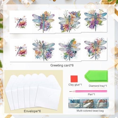 AiYuanzsh 6 Pack Diamond Art Greeting Card Kits with Envelope – Dragonfly Design Floral Crystal Rhinestone Birthday & Holiday Cards, DIY Postcards for Christmas, Thanksgiving, and Gifts - Image 3