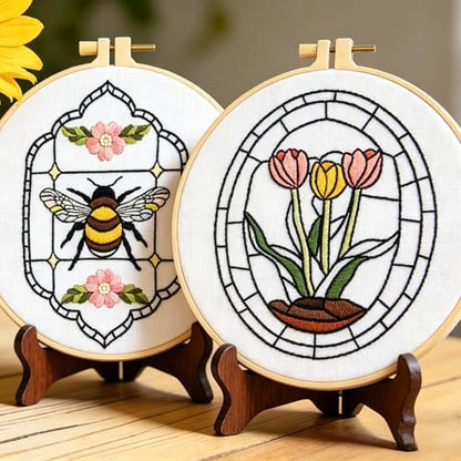 Armindou Flowers Bee Embroidery Kits for Beginners Adults, Floral Hand Embroidery Set Needlepoint DIY Kits, Stamped Cross Stitch Kits for Beginners Adults, 2 Embroidery Hoops (Attached Video Tutorial) - Image 2