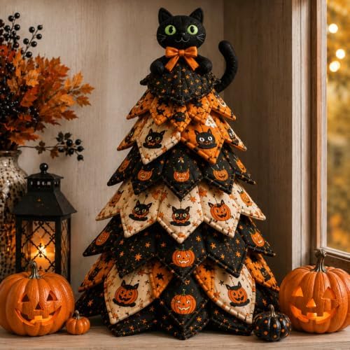 DIY Halloween Quilted Fabric Tree Kit, Black Cat & Pumpkin Tree Art Kit - Image 2