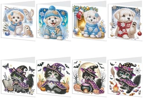 MVVMTOP 8pcs Diamond Painting Greeting Cards- Christmas Puppy & Halloween Kitten Cards for Blessings and Wishes, Special Shape Crystal Partial, Paper Material, DIY Gifts for Christmas Day Halloween by MVVMTOP