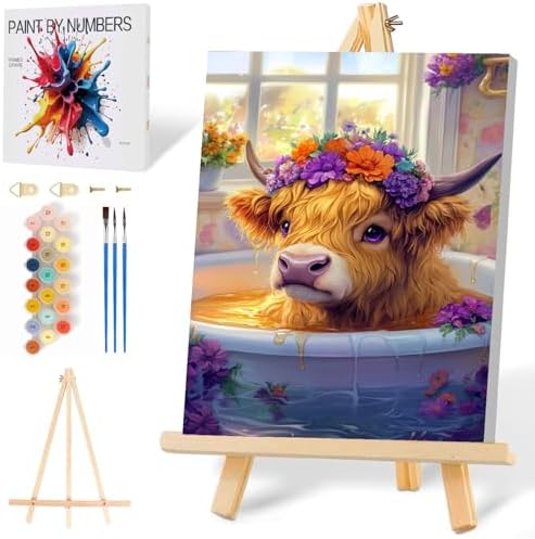 Mowana Paint by Numbers Kit for Adults Beginners, Cow Adult Paint by Number Kits Framed Canvas with Easel, Adult Crafts DIY Arcylic Oil Painting 8x12inch by Mowana