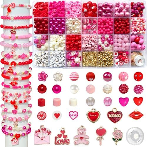 1800PCS+ Valentine’s Day Beads for Bracelets Jewelry Making Set, Pink Red Polymer Clay Beads Assorted Pearl Acrylic Heart Bead Letter Spacer Flower Bead and Heart Charms for Necklace Bracelets Making by Unknown