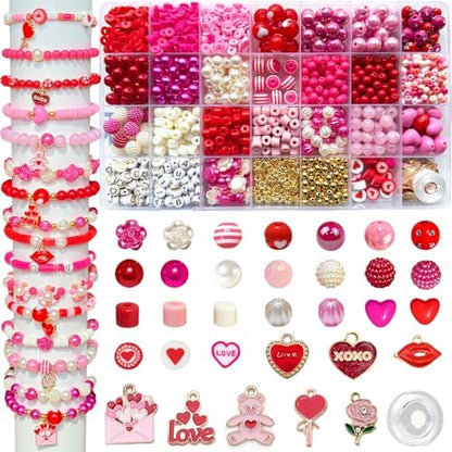 1800PCS+ Valentine’s Day Beads for Bracelets Jewelry Making Set, Pink Red Polymer Clay Beads Assorted Pearl Acrylic Heart Bead Letter Spacer Flower Bead and Heart Charms for Necklace Bracelets Making by Unknown