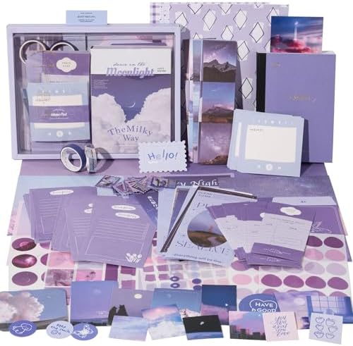 JOYCHOIC 348 Pcs Scrapbook Kit, Moonlight Junk Journal Supplies, Purple Journaling and Scrapbooking Materials, Large Aesthetic Collection for Women, Stationery DIY Arts Craft, Adults Daily by JOYCHOIC