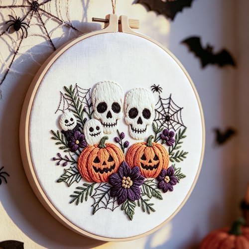 FONNUY Halloween Embroidery Kits for Beginners,Skull Pumpkin Spider Web Floral Stamped Cross Stitch Kit for Adults, Spooky Season Boho Wall Decor, 8'' Hoop (Skull) - Image 4