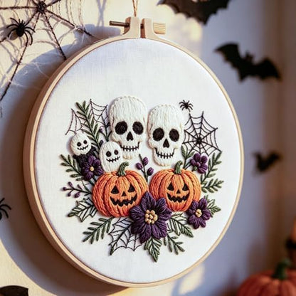 FONNUY Halloween Embroidery Kits for Beginners,Skull Pumpkin Spider Web Floral Stamped Cross Stitch Kit for Adults, Spooky Season Boho Wall Decor, 8'' Hoop (Skull) - Image 4