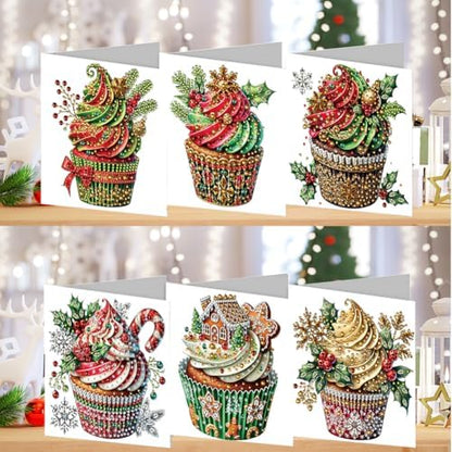 jinglinhh 6pcs Diamond Art Painting Christmas Cream Cupcakes Greeting Cards with Envelopes, DIY Card Making Kits for Adults, Diamond Art Postcards Christmas Cards Craft Gifts - Image 4