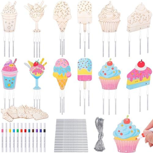Potchen 18 Sets DIY Wind Chimes Craft Kit Unfinished Wood Art, Ice Cream by Potchen