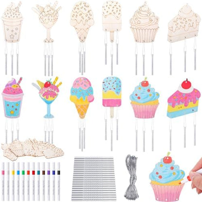 Potchen 18 Sets DIY Wind Chimes Craft Kit Unfinished Wood Art, Ice Cream by Potchen