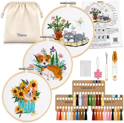 Thinas Embroidery Kit for Beginners Adults, 3 Pack Stamped Dog Embroidery Starter Set with Patterns & Video Tutorial, DIY Sewing Craft Supplies for Dog Lovers, Home Decor Gift Idea by Thinas