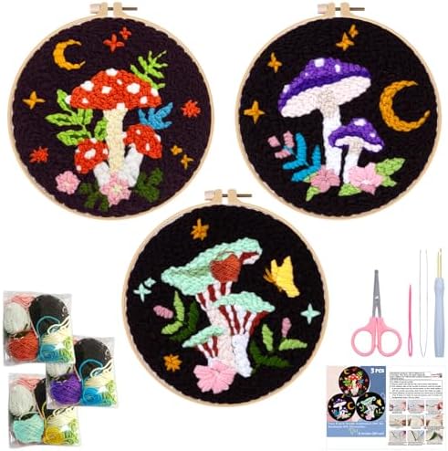 Nuberlic 3 Pack Punch Needle Kits for Beginners Mushroom Embroidery Pattern with Hoop Embroidery Punch Needle Starter Craft Set, Perfect Handmade Gift for Adults & Teens (Beginner-Friendly Crafts) by Nuberlic
