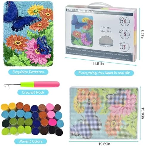 Yjunue Butterfly Floral Latch Hook Kits for Adults, DIY Crochet Yarn Rugs Hooking Craft Kit with Color Preprinted Pattern Design for Adults and Beginners(Butterfly, 20 x 15in) - Image 4