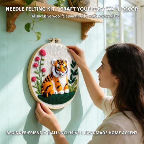 Zovylks Needle Felting Kit for Adults, 7.9 Inch Wool Felt Painting DIY Craft Set for Beginners, Needle Felt Starter Kit with Picture Frame, Foam Pad, Finger Cot (Tiger) - Image 4