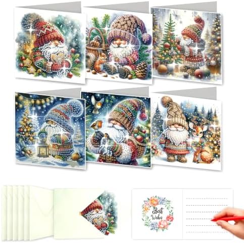 LSQFS 6 Pack Diamond Art Kits for Adults, Gnome Christmas Diamond Art Cards by LSQFS