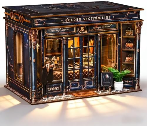 DIY Miniature Dollhouse Kit with LED Light, 3D Wooden Puzzle Book Nook Kit for Adults and Teens, Creative Tailor Shop Model Kit to Build, Home Decor Hobby Gift (Golden Section Line) by ANTREATU