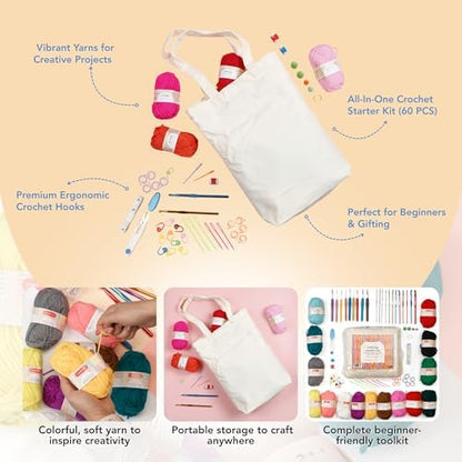 Incraftables Crochet Kit for Beginners – 85 Piece Beginner Crochet Kit for Adults & Kids with Yarn, Hooks, Accessories & Bonus Tote Bag Organizer – Learn to Crochet with Complete Starter Set - Image 3