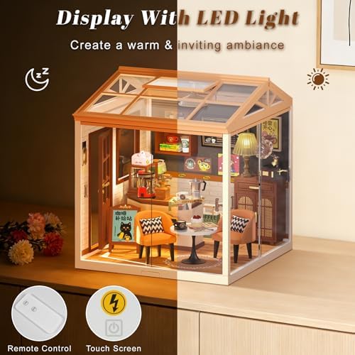 DIY Retro Coffee Shop Miniature House Kit, 115 Pieces Mini Dollhouse with Furniture & LED Light with Roof & Dust Covers Tiny House Toy for Adults - Image 3