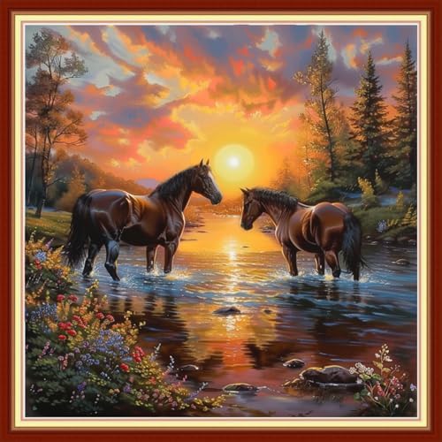 Joyhoor Cross Stitch Kits for Beginners Stamped Cross-Stitch Supplies Needlework preprint Embroidery Kits for Adults DIY Needlepoint Kits Embroidery Patterns 11CT-Sunrise Couple Steed 18x18 inchs by JoyhoorCrossStitchKits