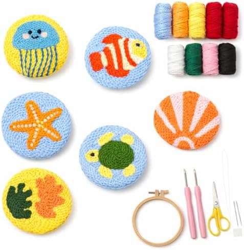 Punch Needle Coaster Kit for Adults Beginners, Easy Punch Embroidery Starter Set with Instructions – Fun Mug Rug Making Kit for Table Decor & Festival DIY Gifts (6pcs Marine Life) by PunchBloom