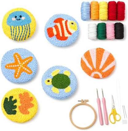 Punch Needle Coaster Kit for Adults Beginners, Easy Punch Embroidery Starter Set with Instructions – Fun Mug Rug Making Kit for Table Decor & Festival DIY Gifts (6pcs Marine Life) by PunchBloom