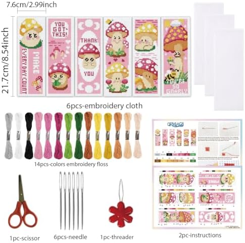 ORIGACH 6 Set Pink Mushroom Cross Stitch Bookmark Kit for Beginner - Image 2