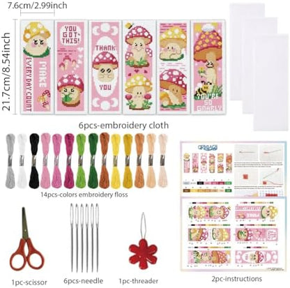 ORIGACH 6 Set Pink Mushroom Cross Stitch Bookmark Kit for Beginner - Image 2