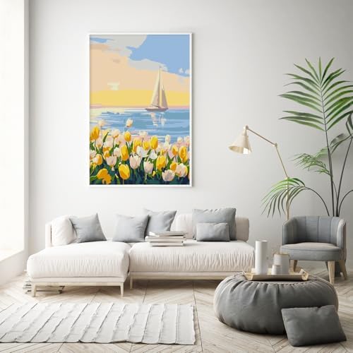 Framed Paint by Numbers Kit for Adults Beginner & Kids Age 8-12, Easy Flowers Adult Paint by Number Kits on Canvas, DIY Acrylic Watercolor Oil Paint by Number for Adults Landscape for Gift 8x12 Inch - Image 2