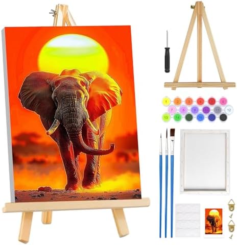 MOGTAA Paint by Numbers Kit for Adults with Frame, Elephant Paint by Number Canvas, Sunset Paint by Numbers with Easel, DIY Animal Oil Painting Kit for Home Wall Decor 8 x 12 Inch by MOGTAADIYHomeDecor