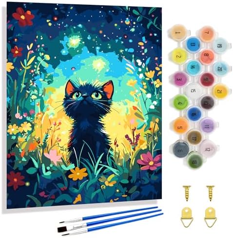 Yunnuo Black Cat Paint by Numbers Kit for Adults Beginner,16x20 inch Canvas Paint by Number Kits with 3 Brushes,Starry Night Cat Number Painting for Adults,Perfect for Home Decor and Gift by Yunnuo-premiumdiyartpaintingkits