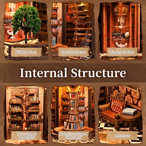 Book Nook Kit for Adult-3D Wooden Puzzles Miniature Library Bookshelf Insert Bookend Decor，Adult Miniature Model with LED Light and Dust Cover, Touch Switch, Adult Craft Kits Gift - Image 4