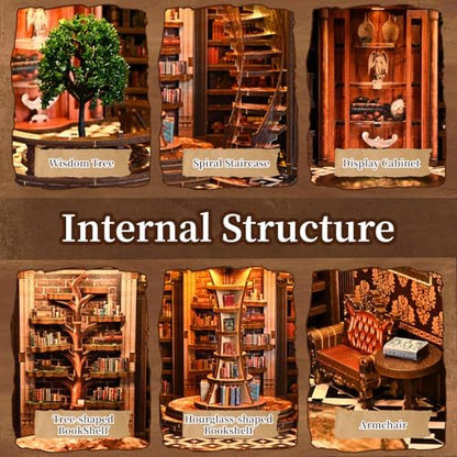 Book Nook Kit for Adult-3D Wooden Puzzles Miniature Library Bookshelf Insert Bookend Decor，Adult Miniature Model with LED Light and Dust Cover, Touch Switch, Adult Craft Kits Gift - Image 4