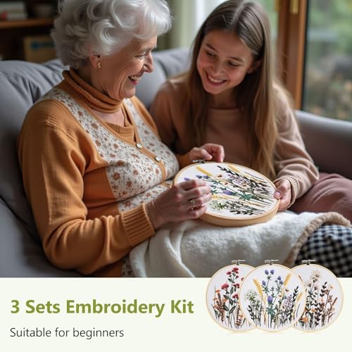 Santune 3 Pack Embroidery Kit for Beginners, Needlepoint Cross Stitch Kits for Adults,Needle Point Sets with Stamped Wild Flower Pattern Stitch Video Tutorial - Image 5